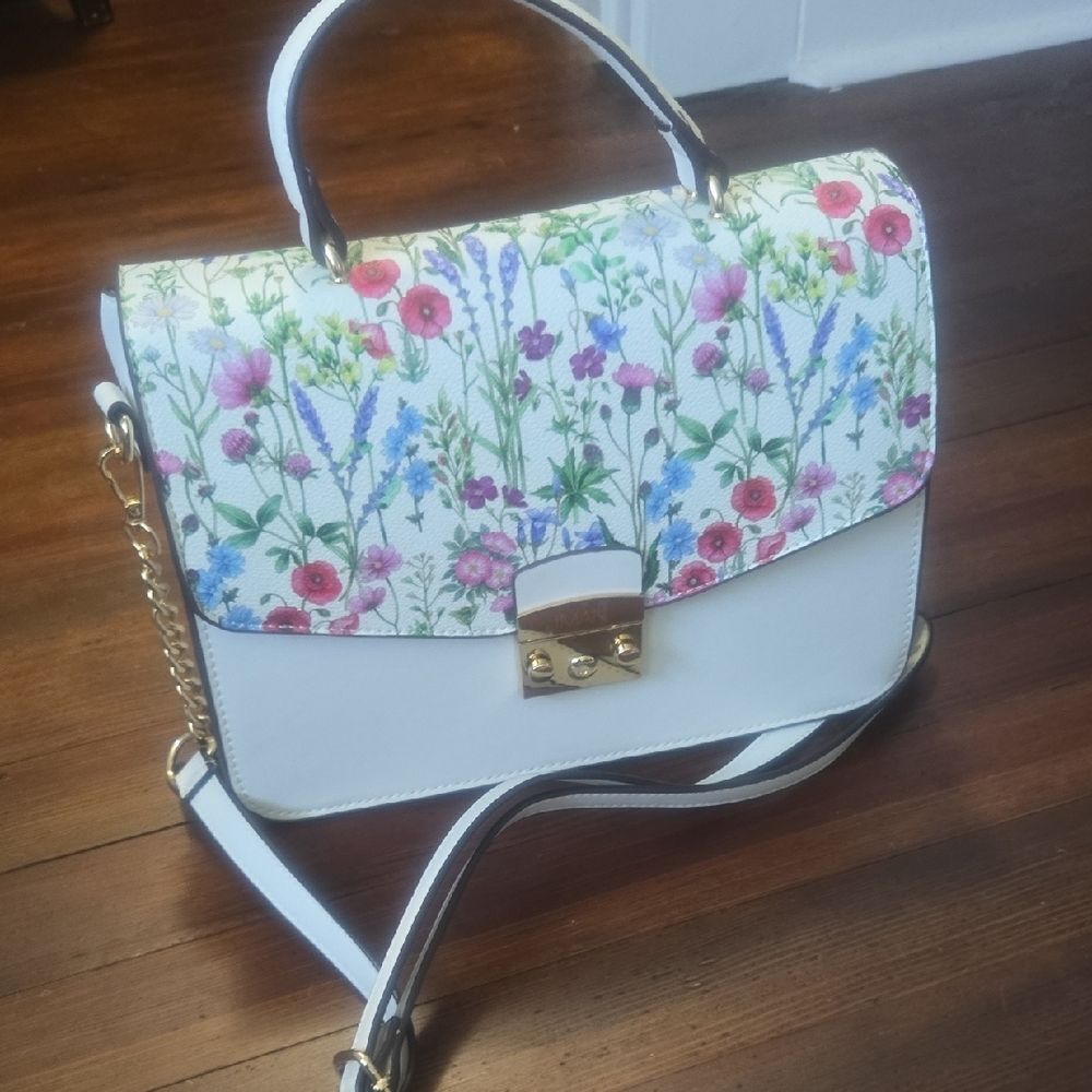 NEW IMAN White Cream Satchel Floral Design